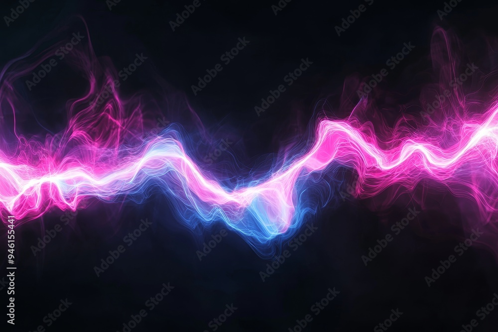 Poster background with pink and blue glowing neon moving wave lines and bokeh lights. concept for data tran