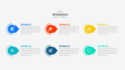 Business  infographics design for Six Step, option, parts or process. Infographic 6 element design template for presentation.  process diagram, step banner, flow chart, 6 option template.