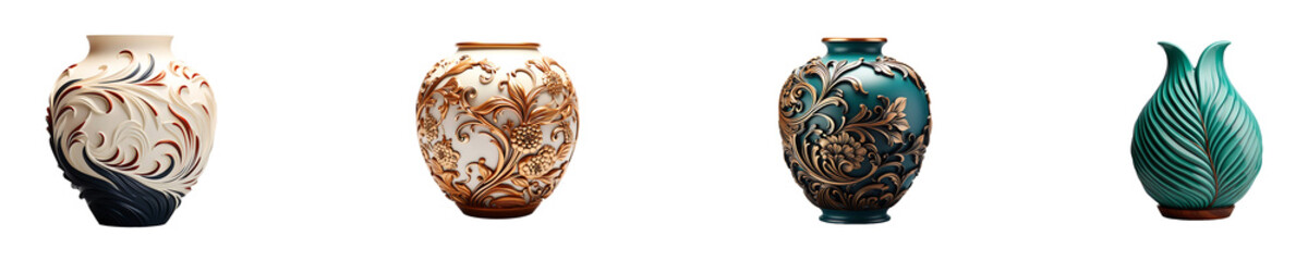 Set, Collection of Fiberglass Decorative Vase isolated on transparent background.