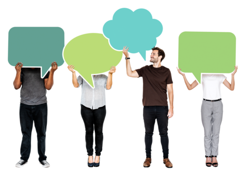 Png People holding colorful speech bubbles, transparent background