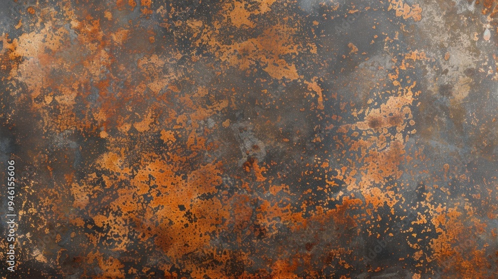 Poster top view of an oxidized iron sheet with deep rust patterns and worn edges, creating a rugged, indust