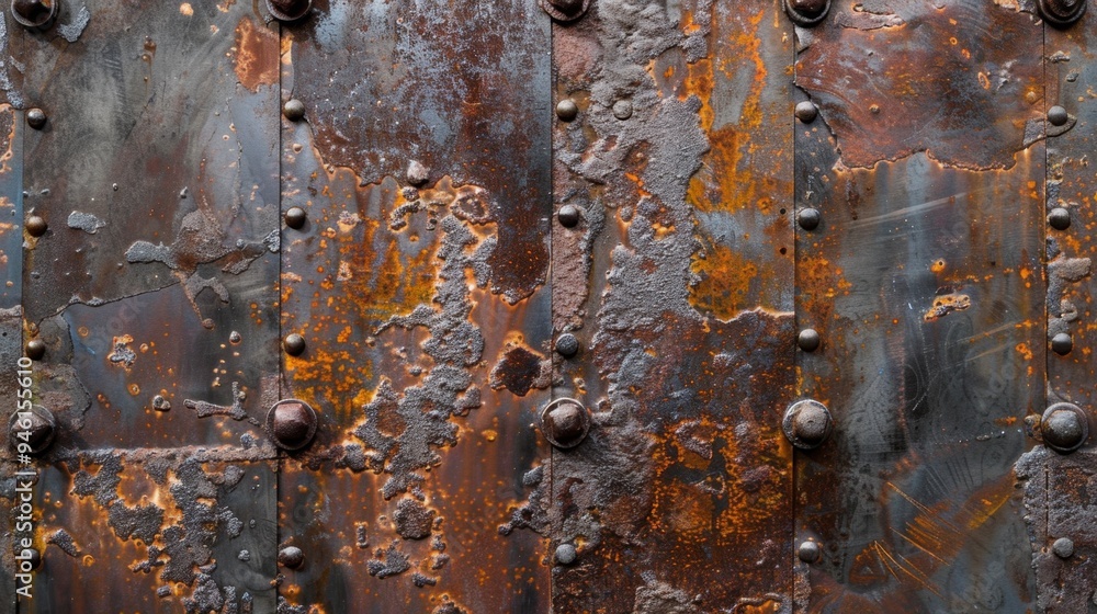 Aufkleber top view of an oxidized iron sheet with deep rust patterns and worn edges, creating a rugged, indust