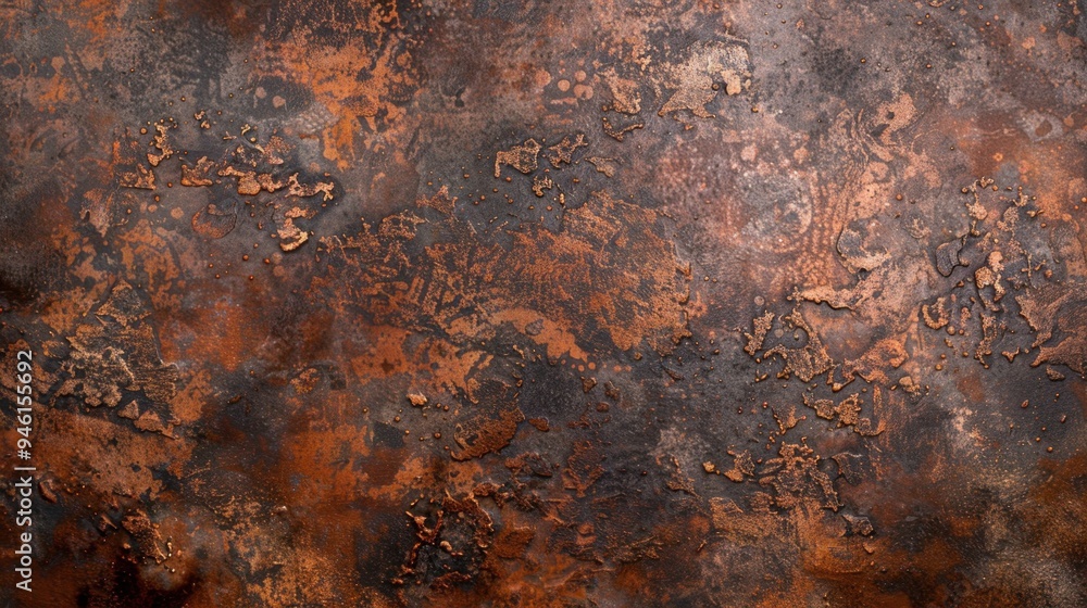 Poster top view of an oxidized iron surface with deep rust patterns and worn edges, perfect for a distresse