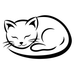Fototapeta premium Sleeping cat curled contentedly peaceful black and white illustration