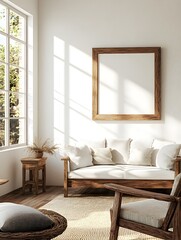 Fototapeta premium Farmhouse inspired living room scene with a framed mockup warm accent pieces a mix of modern and antique furnishings and a cozy welcoming ambiance