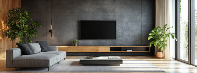 Generative ai illustration of a sofa and tv unit in loft_ nterior design