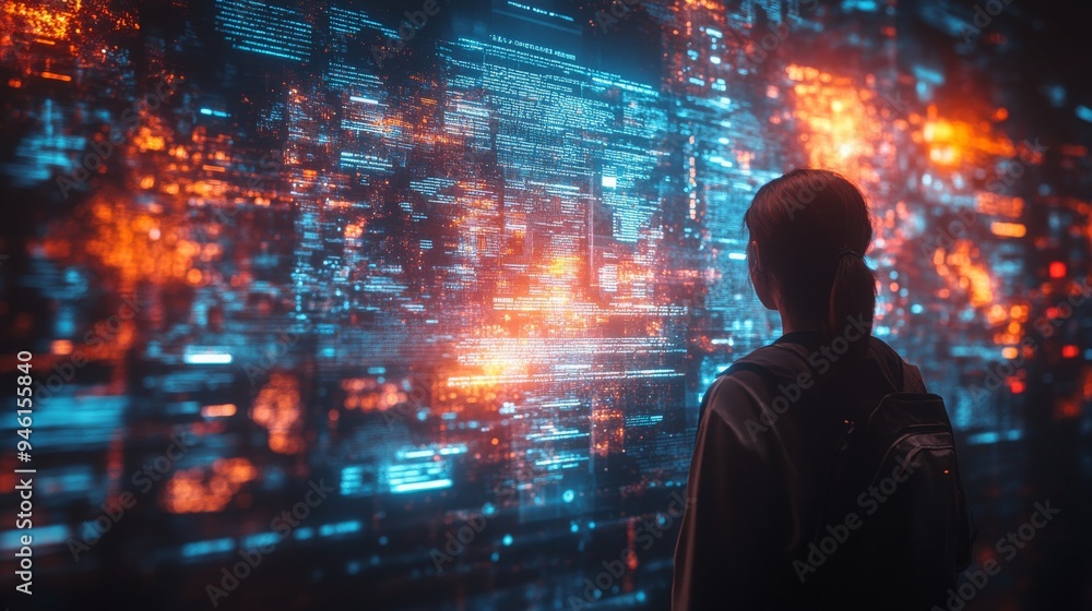 Poster a person stands in front of a vibrant holographic display filled with colorful information and data 