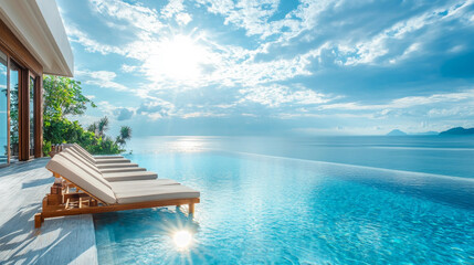 Obraz premium Generative ai illustration of a Terrace in villa with sunbeds and pool