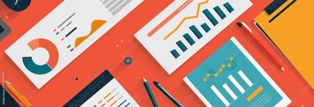Poster colorful business charts and graphs on a desk, showcasing various data visualizations and financial 