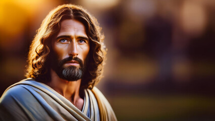 portrait of Shepherd Jesus Christ. close up of face of jesus,Soft image in warm tones, copy space