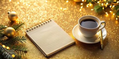 Cup of coffee holiday decorations and notebook with to do list on golden background for Christmas planning concept