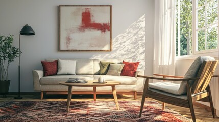 Modern Interior Design with Abstract Frame Poster, 3D rendering, illustrations in 3D.