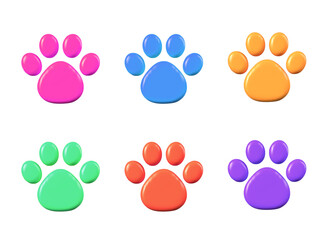 Collection of funny paw prints in different colors. Bright symbols for identifying different pets