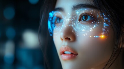 A person wearing a holographic headset gazes intently as vibrant digital data emanates, merging technology and human expression in a futuristic cityscape.