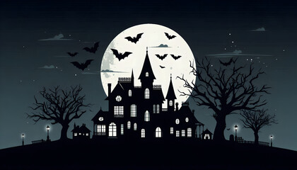 Haunted Mansion Silhouette with Full Moon and Bats