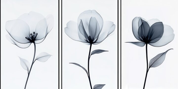 Three-Piece  transparent   Flower Art Set,  Black and Gray on White Background