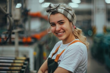 Portrait of a young female assembly line worker in factory