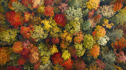 Aerial perspective of an autumn forest canopy, displaying a mosaic of reds, oranges, yellows, and greens, with the changing leaves creating a vivid, natural tapestry from above