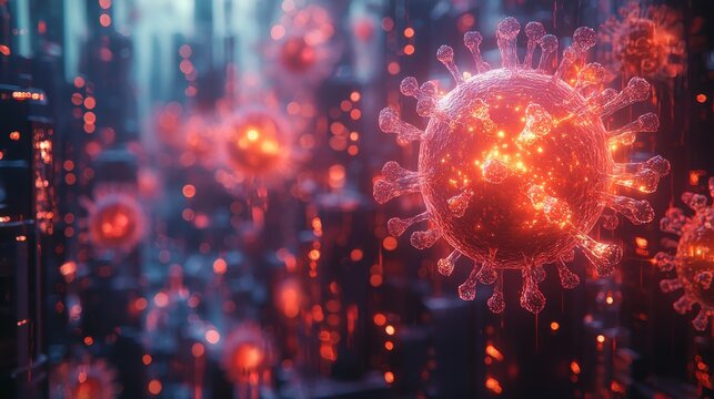 A holographic representation shows the rapid spread of a contagious virus throughout an advanced urban environment, highlighting its potential impact.