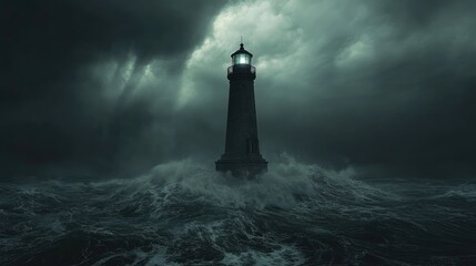 Stormy sea surrounds a solitary lighthouse, with waves crashing against its base and dark skies looming above.