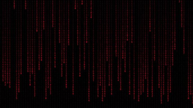 Numeric characters. Hacker attack. Red code on black background. Moving digits on screen. Concept of digital age. decryption and encoding, row matrix, future, animation 4k.
