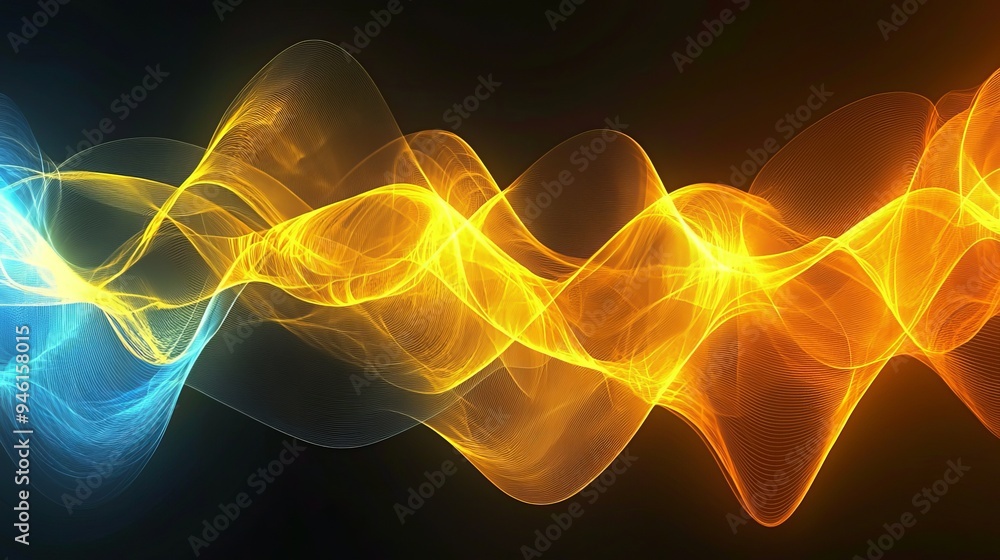 Poster a gold and blue glowing neon background with moving high speed wave lines and bokeh lights is an abs