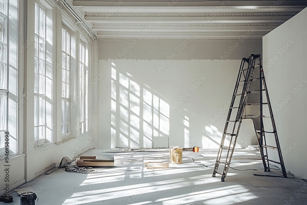Poster sunlight streams through window, casting shadows in bright room with construction materials and ladd