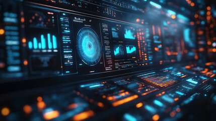 Obraz premium Futuristic digital interface with data visualization and glowing blue orange graphics