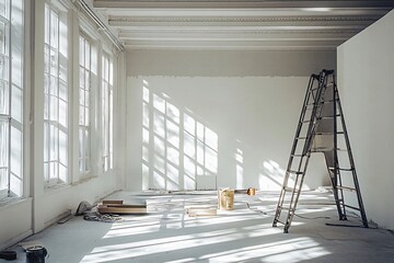 Sunlight streams through window, casting shadows in bright room with construction materials and ladder, hinting at renovation work in progress
