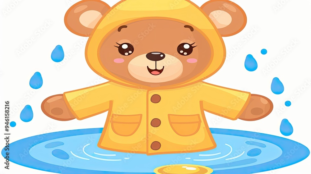 Wall mural cute bear wearing a yellow raincoat