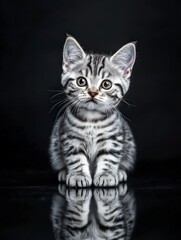Obraz premium A cute striped kitten sitting against a dark background, reflecting its image.