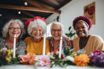 Portrait of smiling diverse seniors celebrating birthday in nursing home