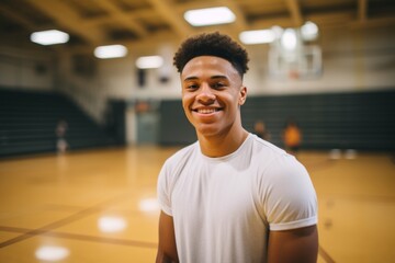 Fototapeta premium Portrait of a smiling male African American teenager in basketball gym