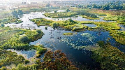 Naklejka premium Aerial perspective of a remote wetland area, with environmental sensors and drones in operation, monitoring water levels, vegetation health, and wildlife activity