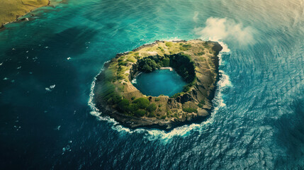 Aerial perspective of a remote, crescent-shaped island, with a lagoon in the center and waves gently lapping against the shore, isolated in the middle of the ocean
