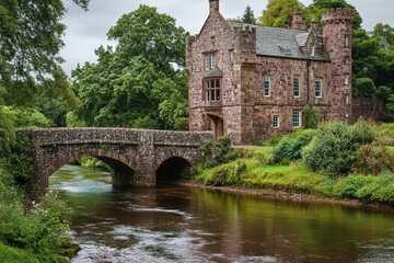 A stone bridge carrying a road over a river, with a stone building on the bank.
