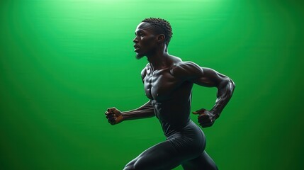 A professional athlete in sportswear, performing a dynamic pose, showcasing strength and athleticism against a green screen.
