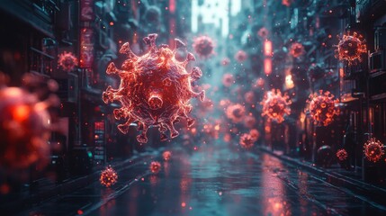 A digital visualization highlights the dispersal of a virus among abandoned city streets, emphasizing the impact of a health crisis on urban life.