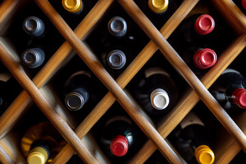 Wine bottles background. Bottles of red and white wine in a wine cabinet of a liquor store

