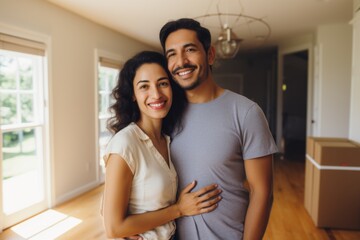 Portrait of a smiling middle aged Hispanic couple in new home