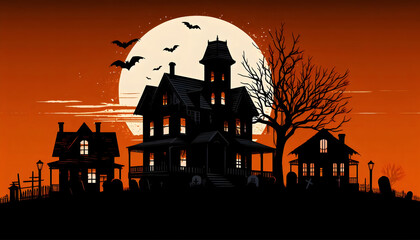 Haunted House Silhouette with Full Moon and Bats on Halloween Night