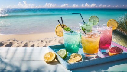 Obraz premium top view of a tray full of cocktails on a summer beach