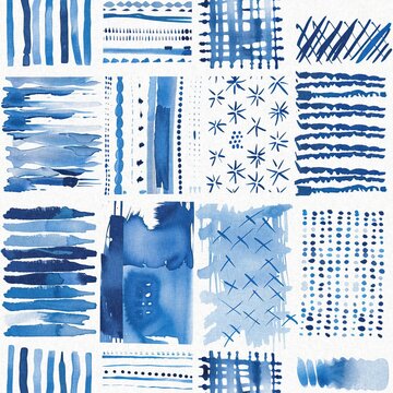 Modern blue white irregular beach patched shape mix for summer doodle beachwear design. Coastal mariner background for seaside living style in repeatable tile.