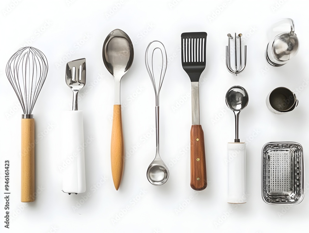 Poster a collection of common kitchen tools utensils and cookware items neatly arranged on a pristine white