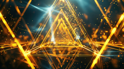 Abstract golden triangle wireframe in 3D rendering, featuring an endless loop animation for a striking and dynamic visual effect