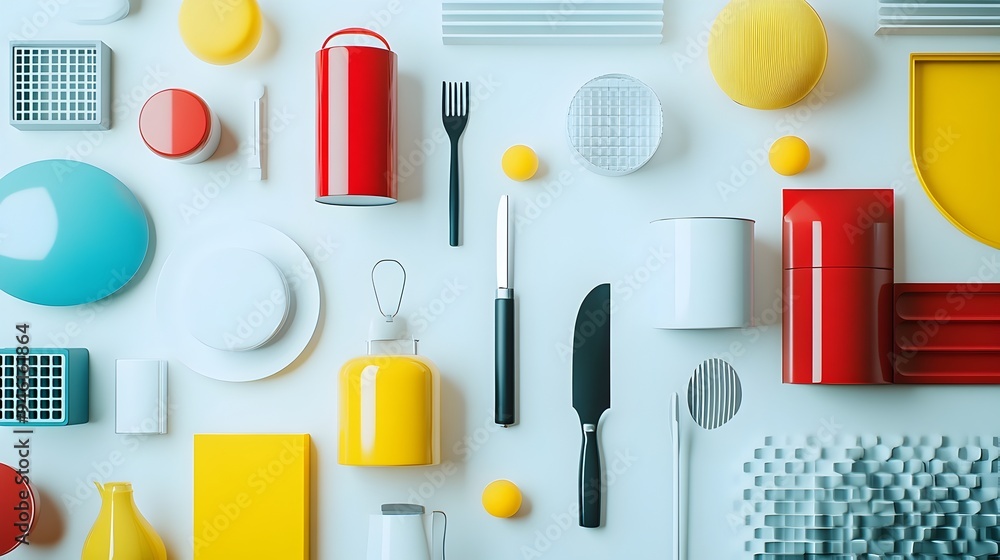 Poster a collection of mundane household goods artfully arranged to create visually striking geometric patt
