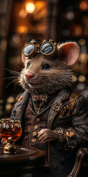 mouse with a glass of alcohol, steampunk style