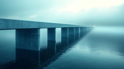 Fototapeta premium A serene image capturing the large-scale construction of a bridge over water, with pillars rising from the calm surface and disappearing into the misty horizon.