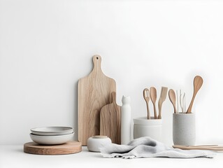 A curated collection of essential household items arranged in a balanced harmonious composition on a pristine white background  The soft