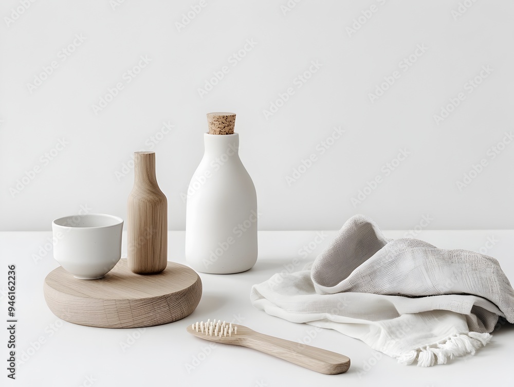 Poster a curated collection of utilitarian household items arranged in a balanced and harmonious compositio